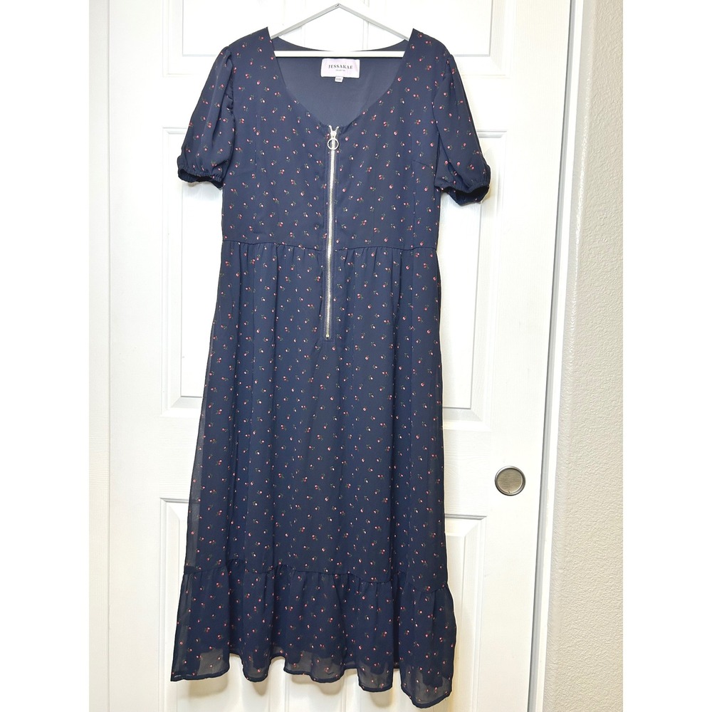 JessaKae Floral Midi Dress XXXL Navy Puff Sleeve Ruffle